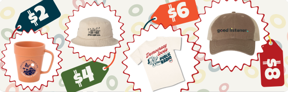 This image is has four available thank you gifts at different sustainer increase levels pictured. The IPR Flower Pot Mug at a $2 increase, the IPR Bucket Hat at a $4 Increase, the Brand New Spoonful of IPR T-Shirt at a $6 increase and the Good Listener Ball Cap at an $8 increase
