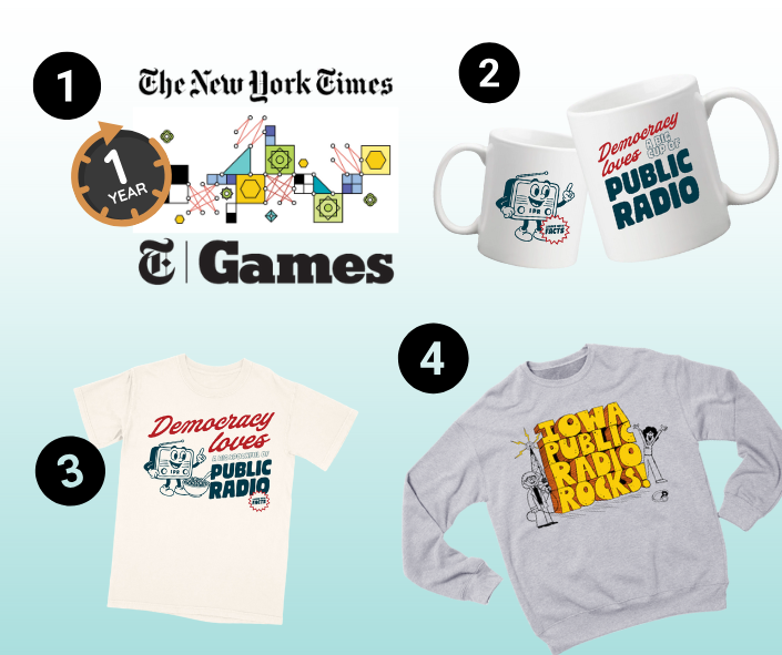 1. new york times games subscription, 2. Democracy loves IPR mug, 3. Spoonful of IPR t-shirt, 4. IPR Rocks! Crew Sweatshirt